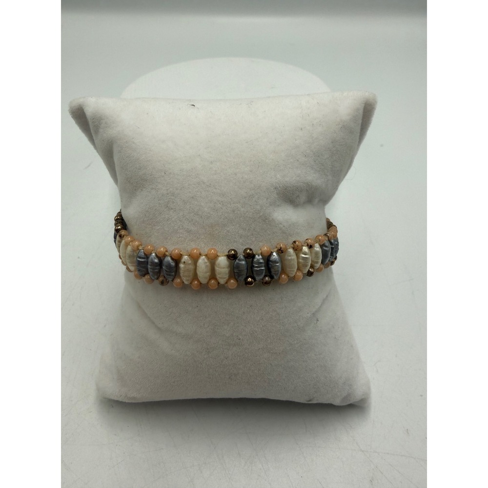 Handmade Beaded Rice Pearl Bracelet Peach Grey Cream Boho 7.5 Inch‎